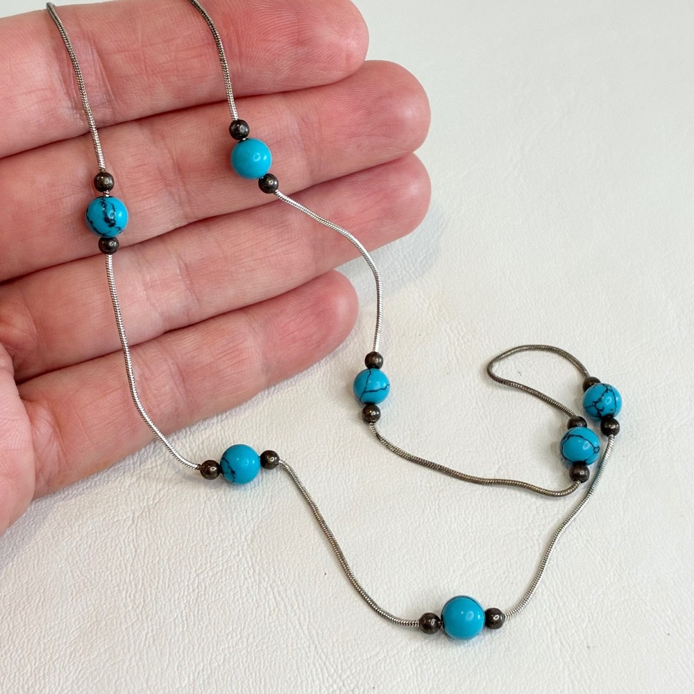 Vintage Sterling Silver Snake Chain Necklace Blue Turquoise Stone Beads 16.5"